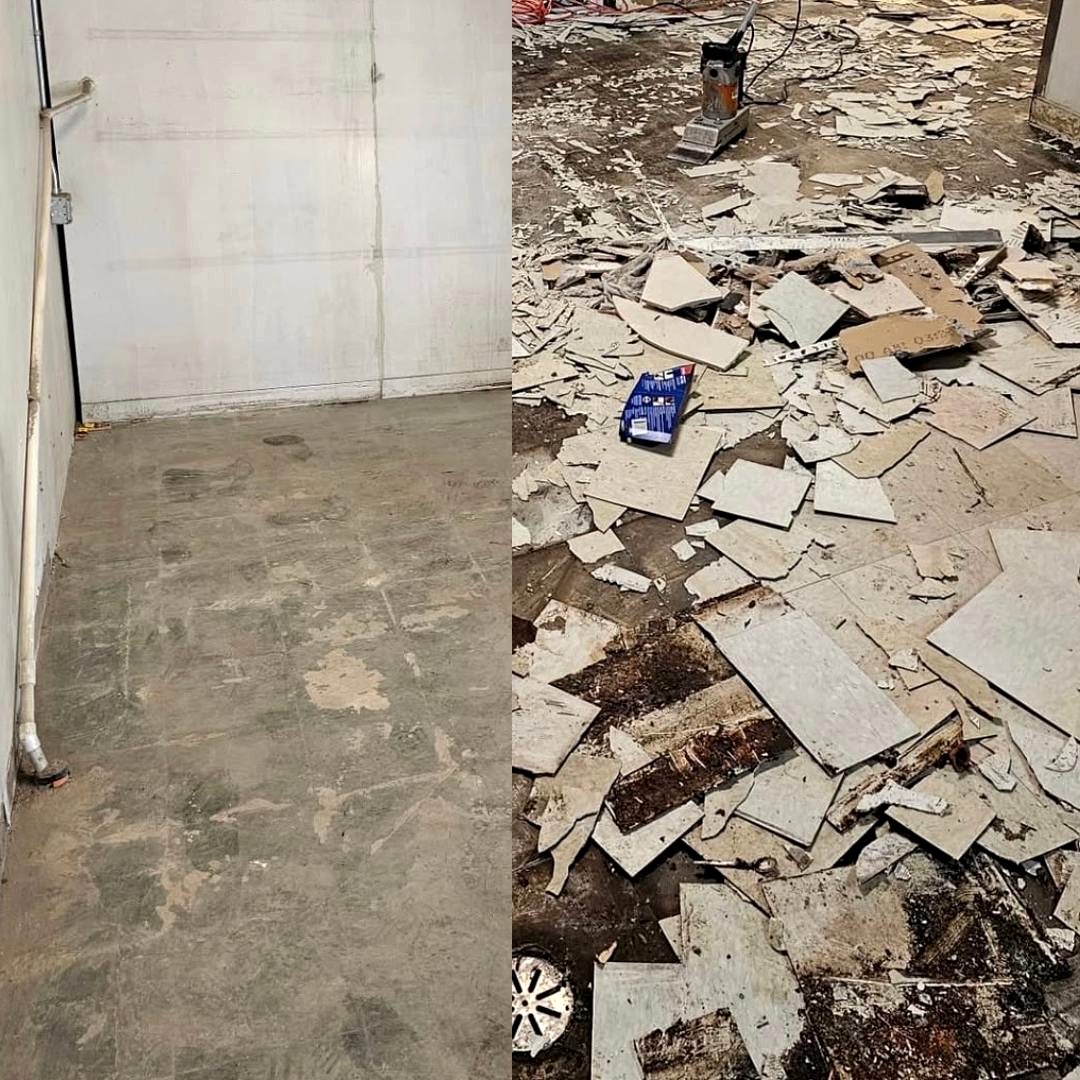 Demolition floor cleared of debris and swept down to the slab