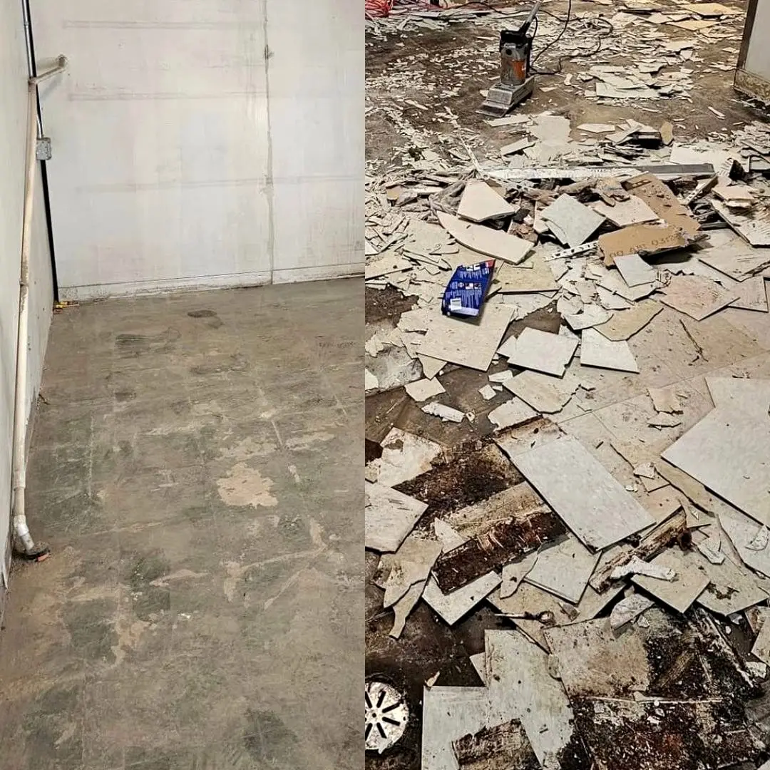 Before and after: floor covered in tile debris, then swept back to bare concrete