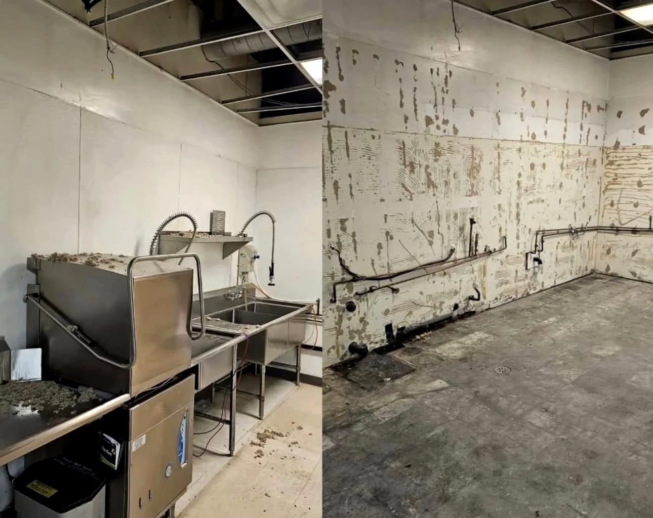 Commercial kitchen taken back to shell, before and after