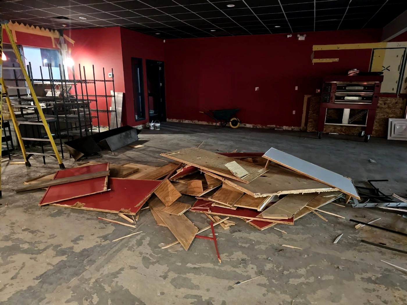 Commercial interior with flooring removed back to slab