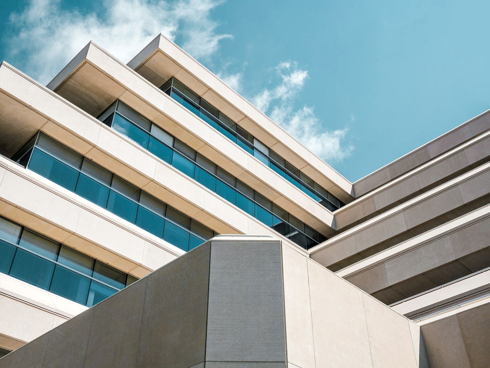 Institutional concrete and glass building exterior
